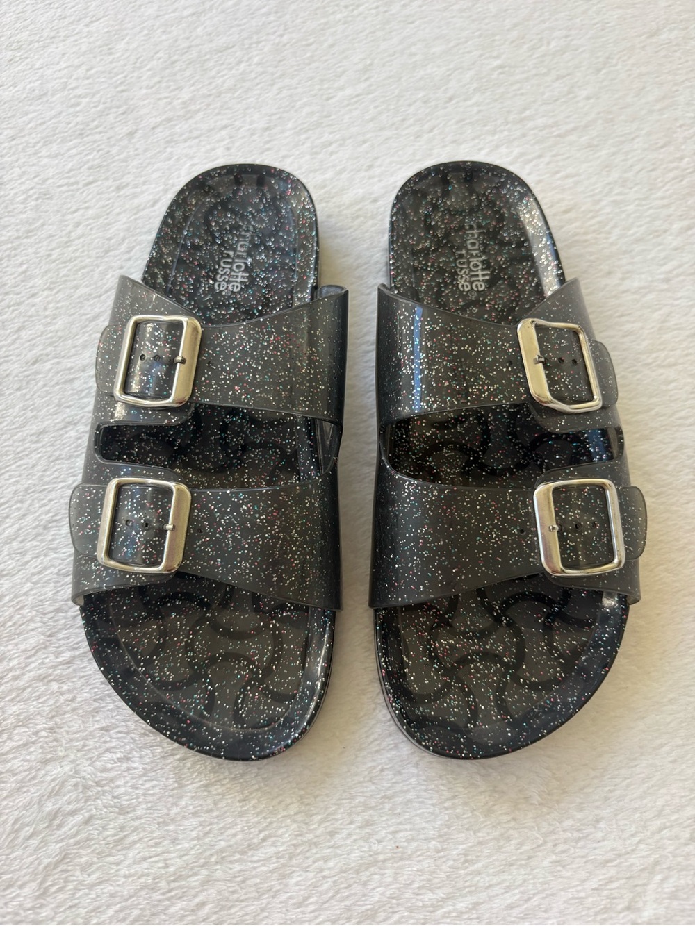 Charlotte Russe Glitter Two-Strap Slide Sandals - Black